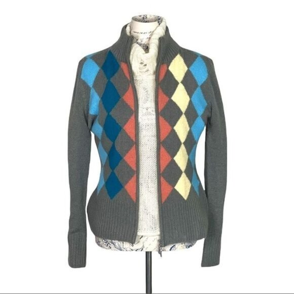 Gray Long Sleeve Full Zip Mohair Blend Argyle Pattern Cardigan - Picture 10 of 11